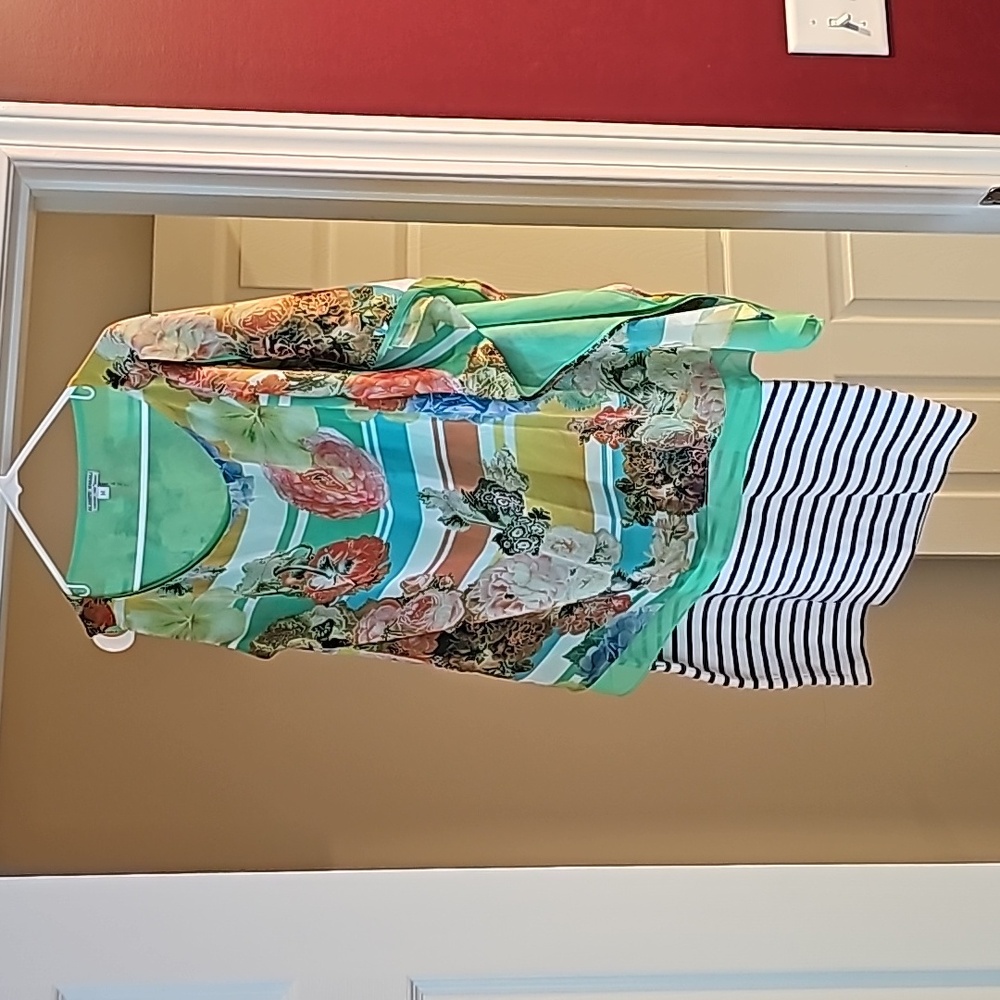 Alberto Makali Womens Dress, unique flowered one sleeved top over stripes. SizeM